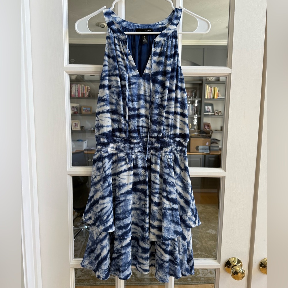 NWOT - Aqua Blue and White Cinched Waist Dress - Size S